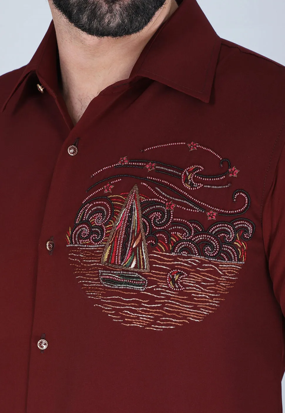 Hand Embroidered Polyester Shirt in Maroon
