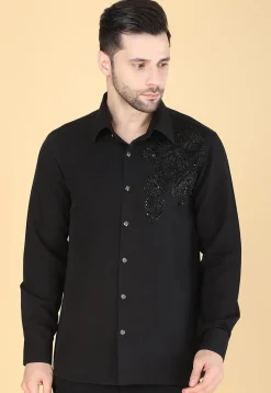 Hand Embroidered Polyester Shirt in Black