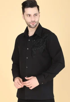 Hand Embroidered Polyester Shirt in Black