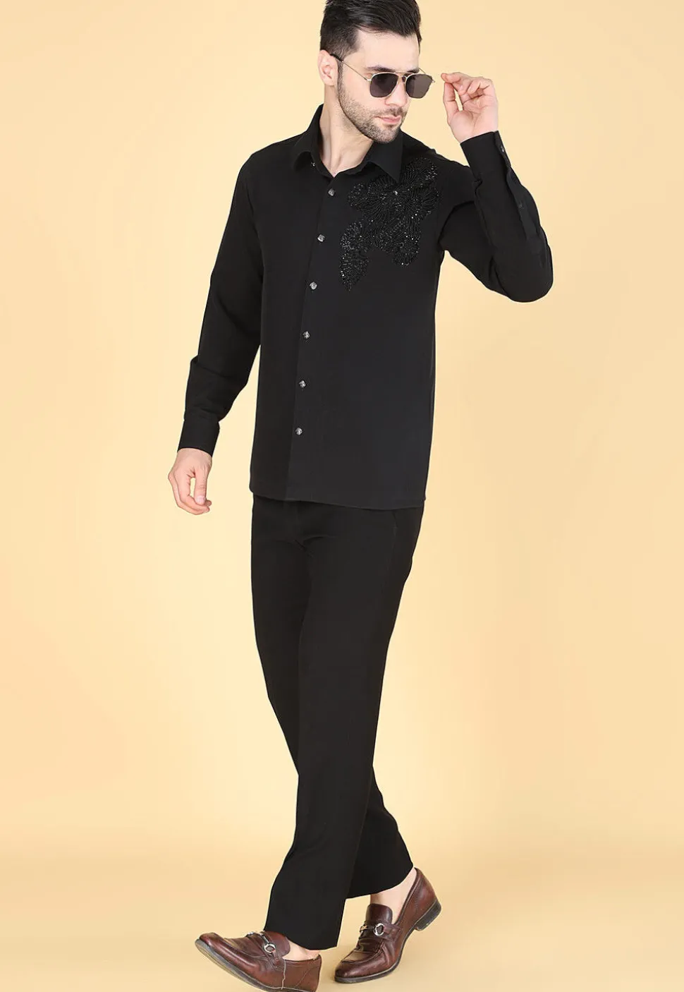 Hand Embroidered Polyester Shirt in Black