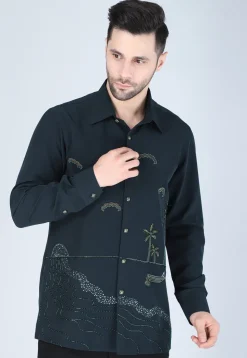 Hand Embroidered Polyester Shirt in Dark Green