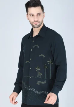 Hand Embroidered Polyester Shirt in Dark Green