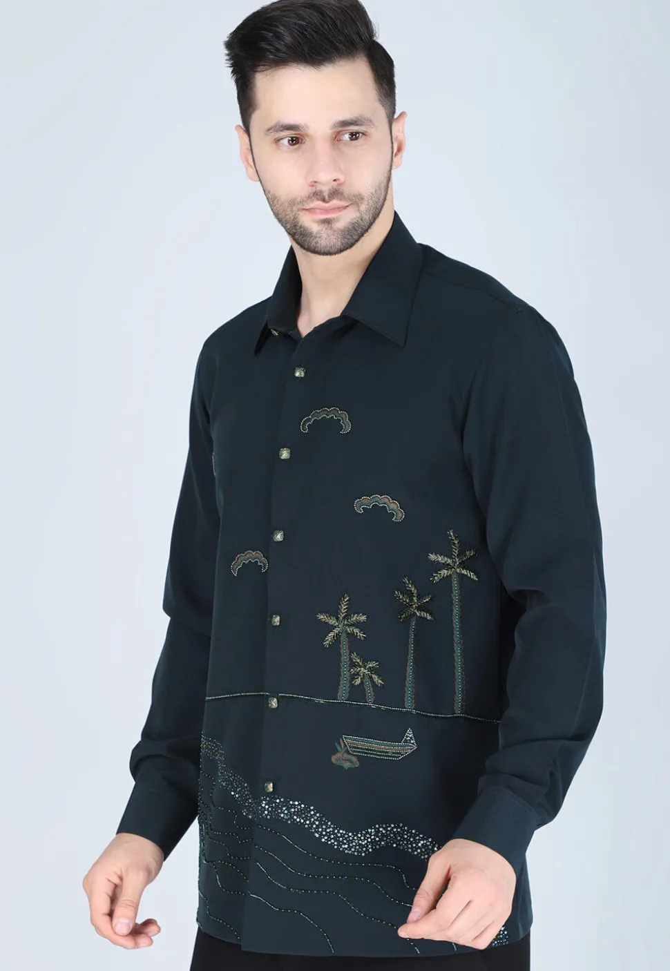 Hand Embroidered Polyester Shirt in Dark Green