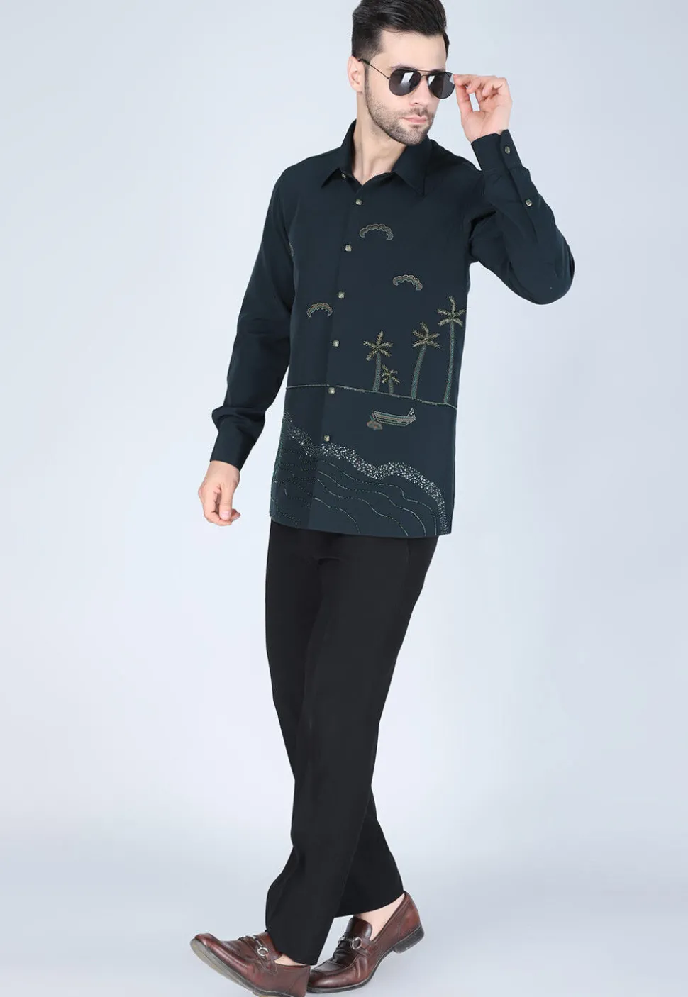 Hand Embroidered Polyester Shirt in Dark Green