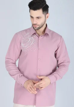 Hand Embroidered Polyester Shirt in Pink