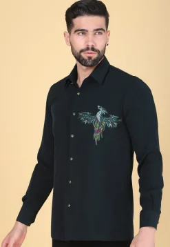 Hand Embroidered Polyester Shirt in Dark Teal Green