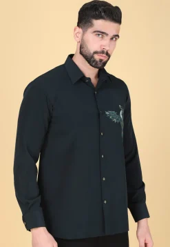 Hand Embroidered Polyester Shirt in Dark Teal Green