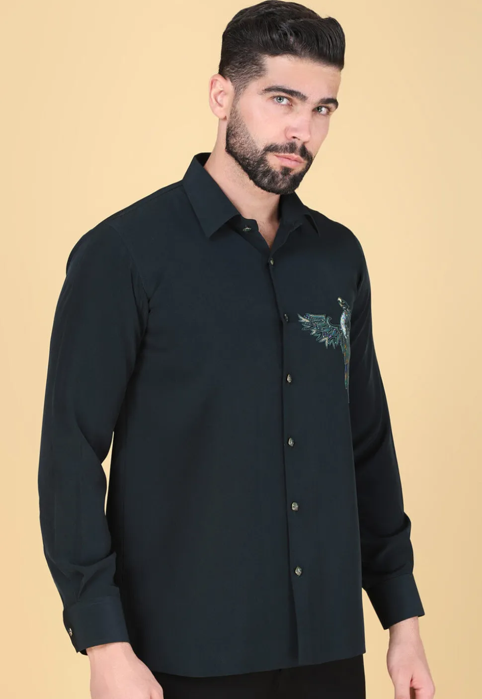 Hand Embroidered Polyester Shirt in Dark Teal Green