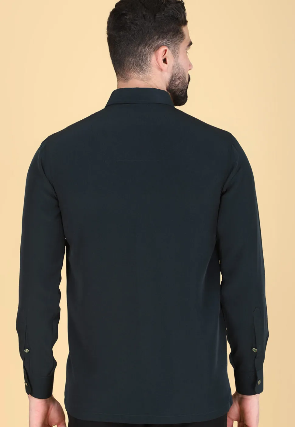Hand Embroidered Polyester Shirt in Dark Teal Green