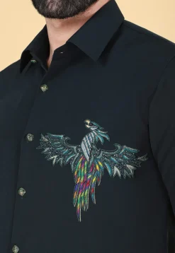 Hand Embroidered Polyester Shirt in Dark Teal Green