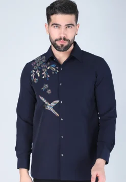Hand Embroidered Polyester Shirt in Navy Blue