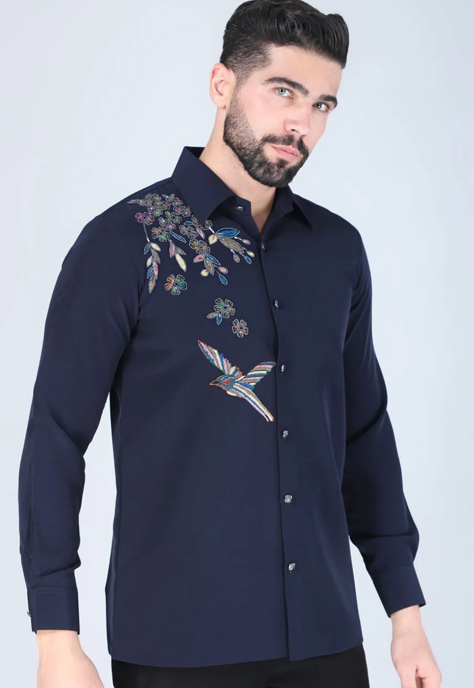 Hand Embroidered Polyester Shirt in Navy Blue