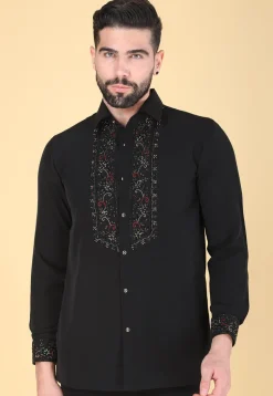 Hand Embroidered Polyester Shirt in Black