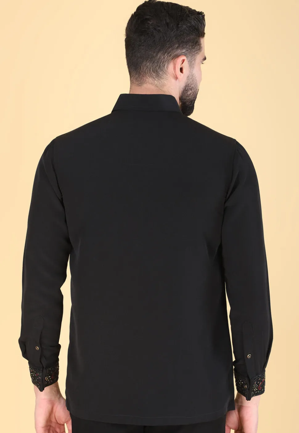 Hand Embroidered Polyester Shirt in Black