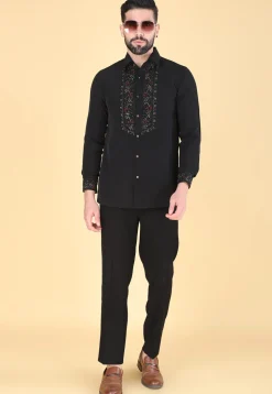 Hand Embroidered Polyester Shirt in Black
