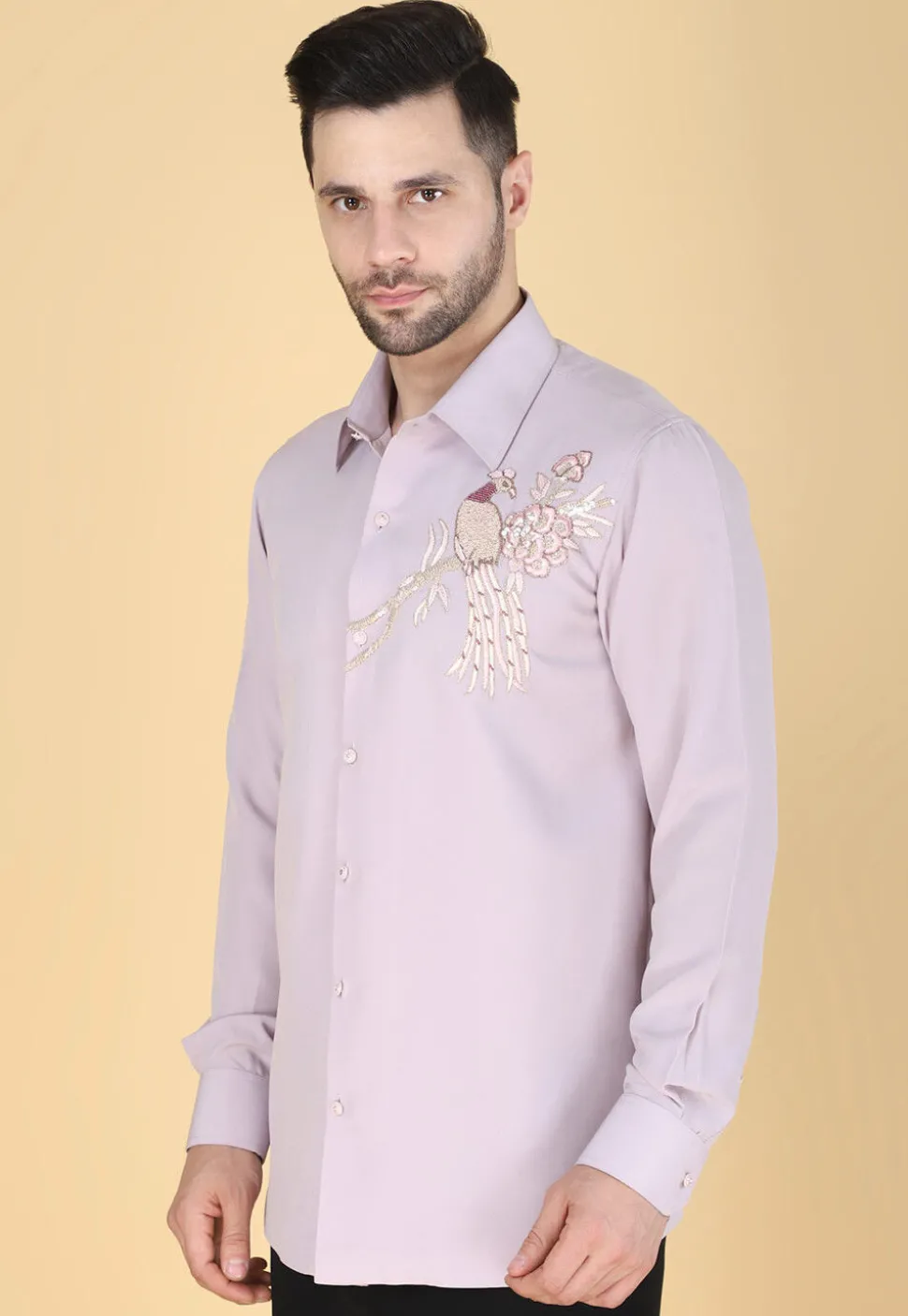 Hand Embroidered Polyester Shirt in Light Purple
