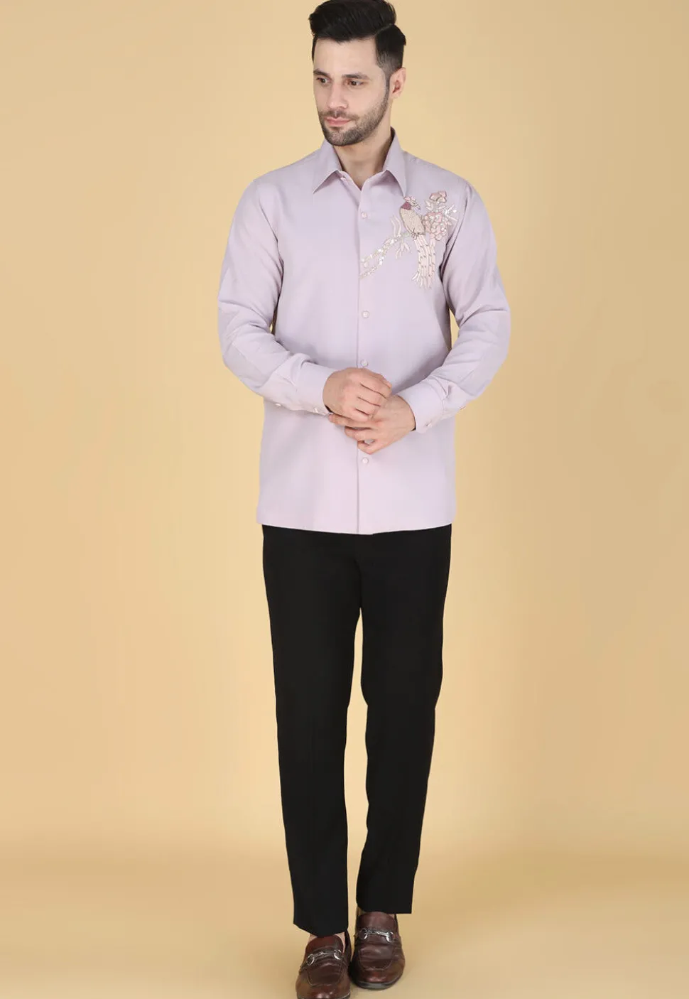 Hand Embroidered Polyester Shirt in Light Purple