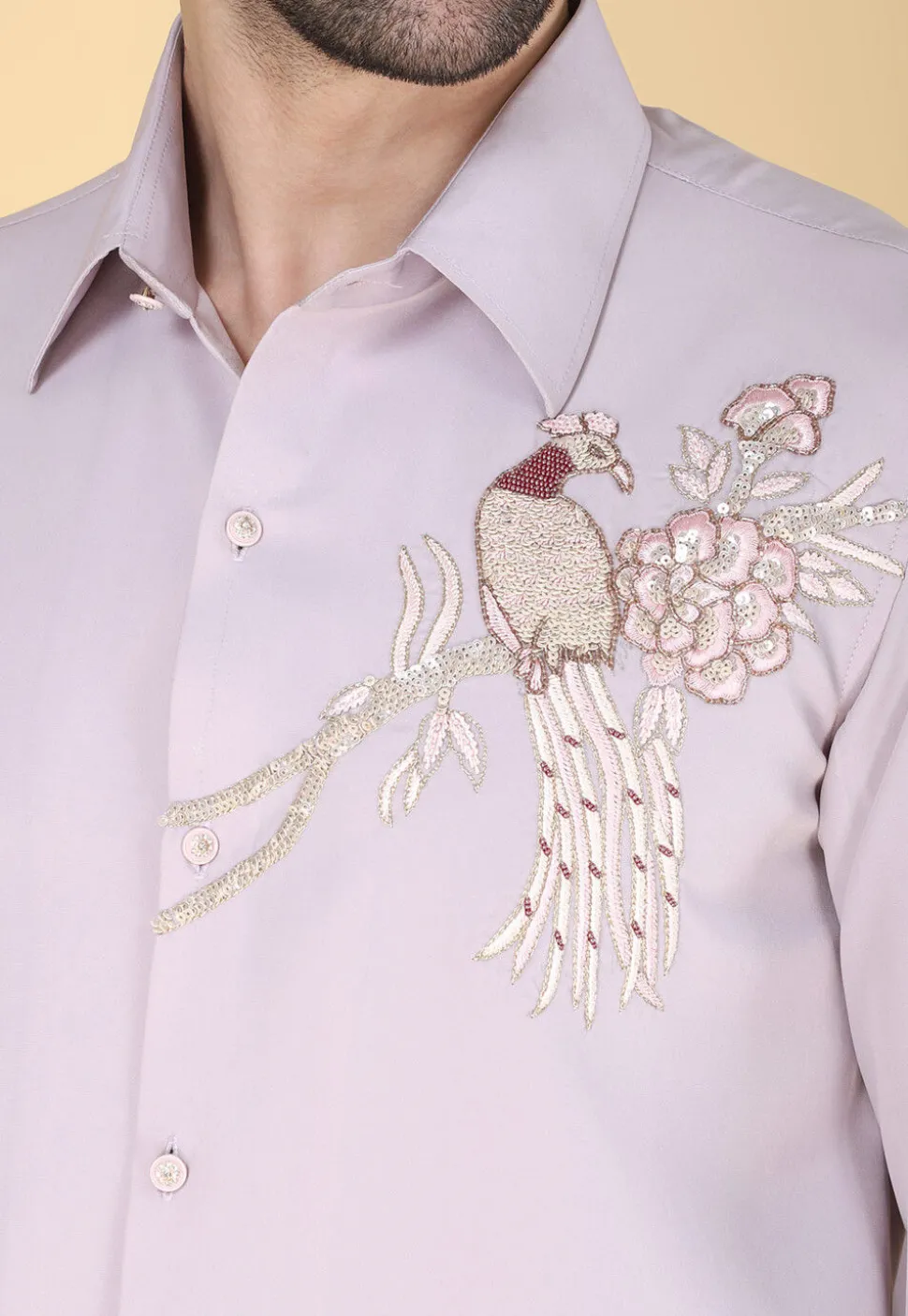 Hand Embroidered Polyester Shirt in Light Purple