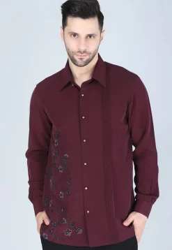 Hand Embroidered Polyester Shirt in Wine