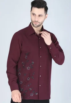 Hand Embroidered Polyester Shirt in Wine