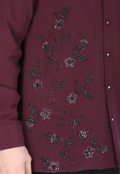 Hand Embroidered Polyester Shirt in Wine