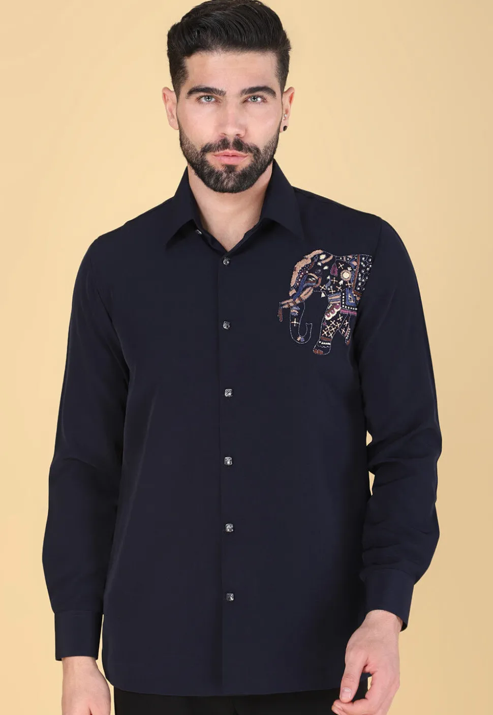 Hand Embroidered Polyester Shirt in Navy Blue