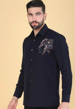 Hand Embroidered Polyester Shirt in Navy Blue