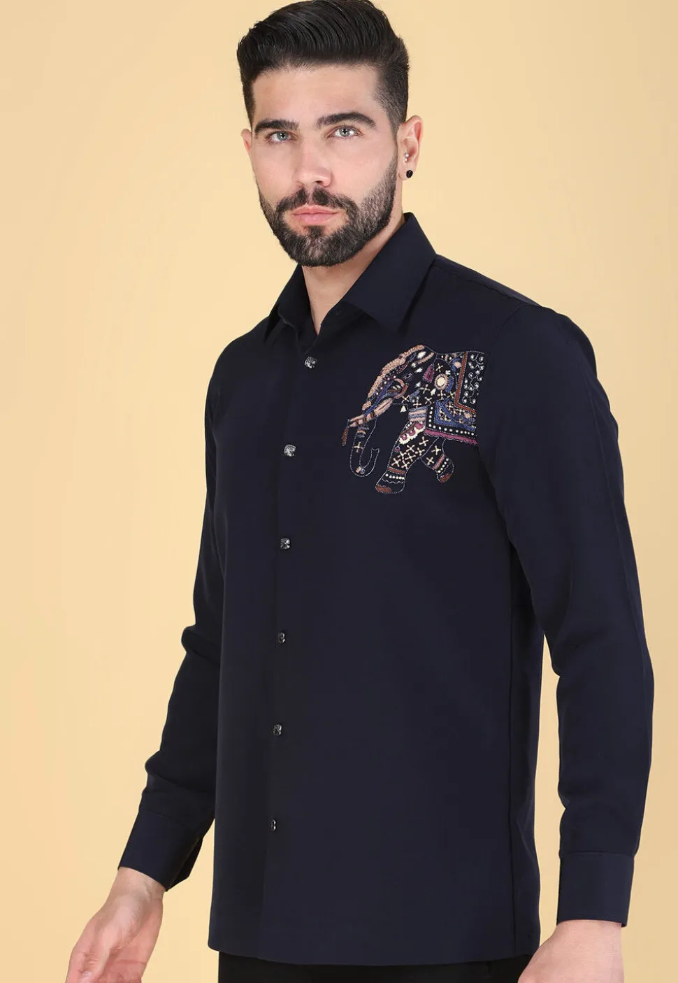 Hand Embroidered Polyester Shirt in Navy Blue