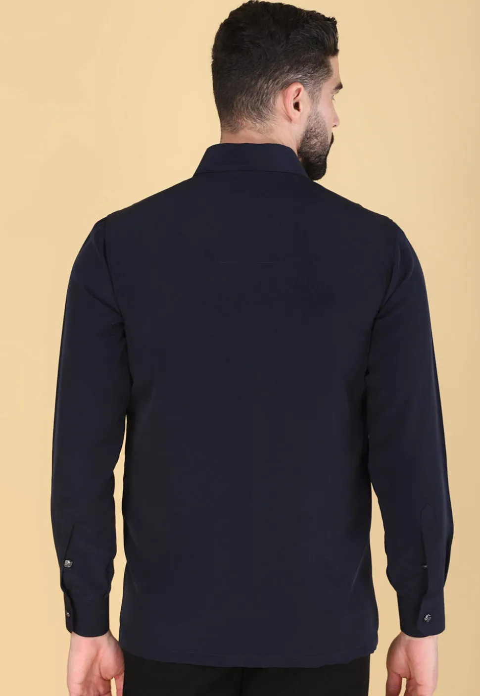 Hand Embroidered Polyester Shirt in Navy Blue