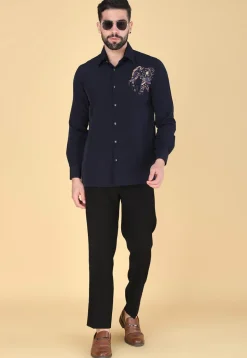 Hand Embroidered Polyester Shirt in Navy Blue