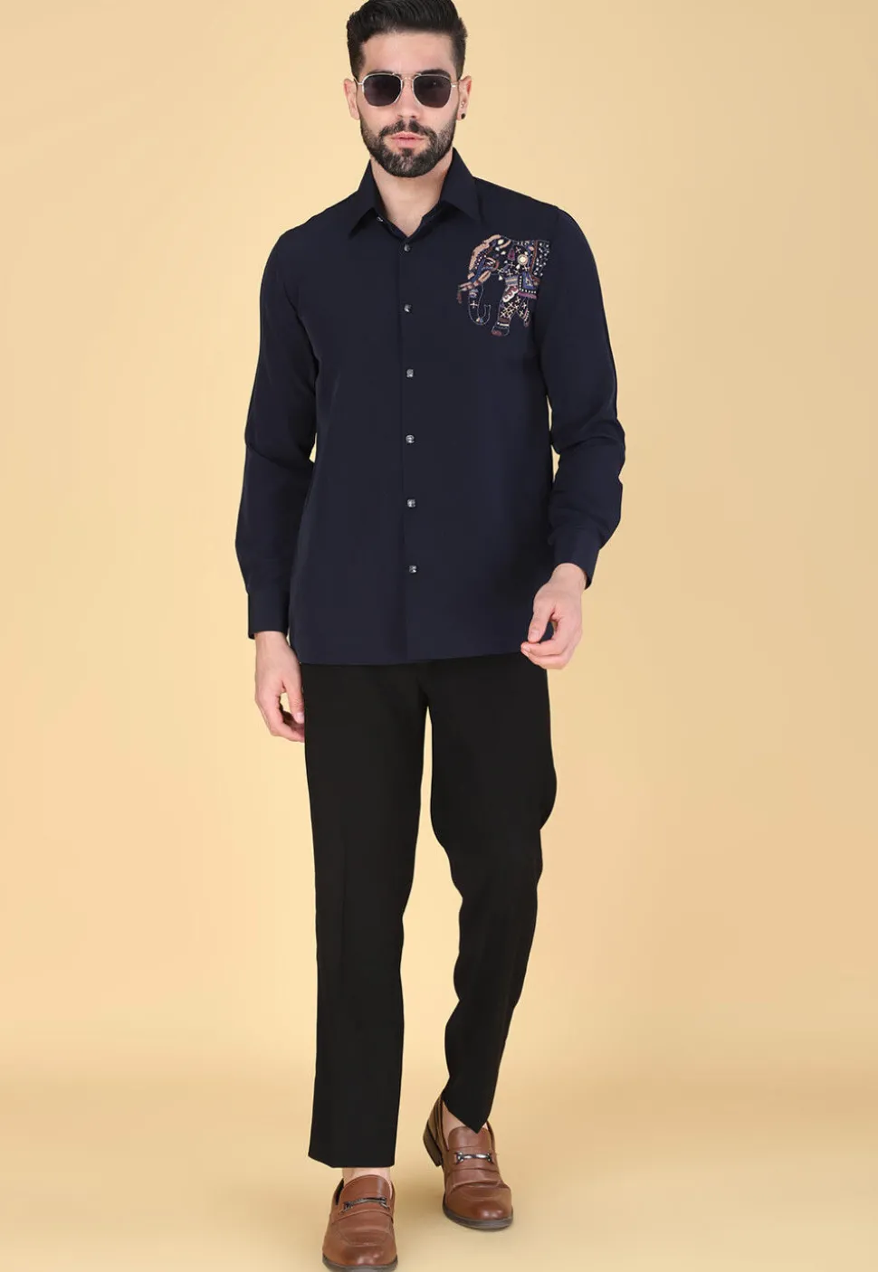 Hand Embroidered Polyester Shirt in Navy Blue