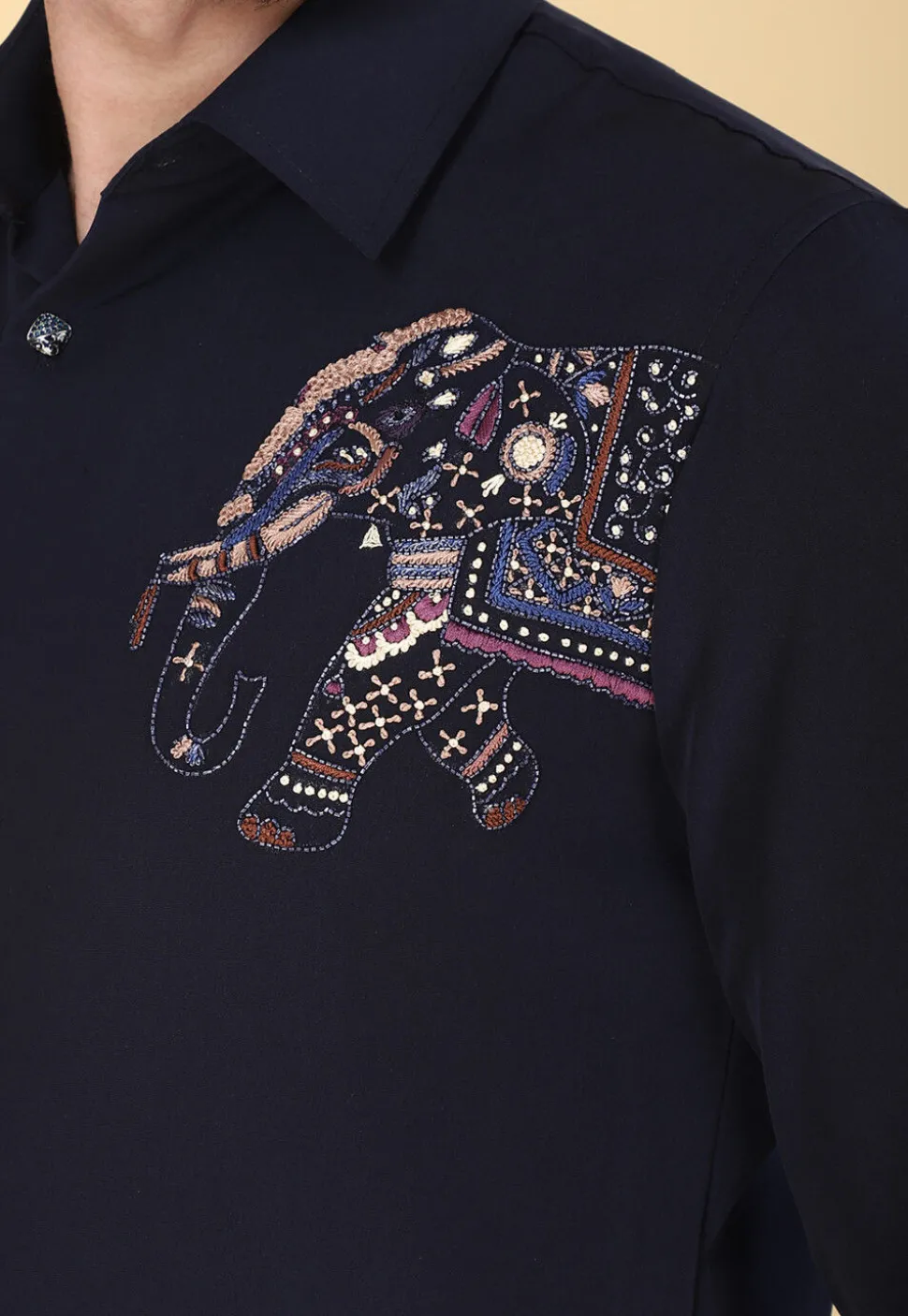Hand Embroidered Polyester Shirt in Navy Blue