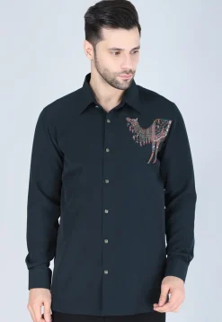 Hand Embroidered Polyester Shirt in Dark Green