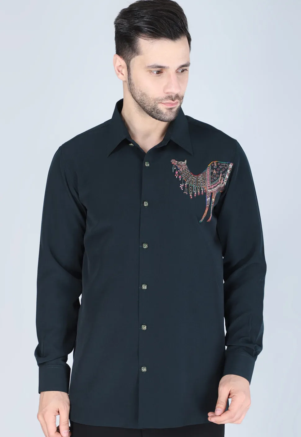 Hand Embroidered Polyester Shirt in Dark Green