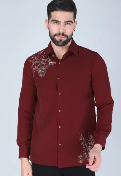 Hand Embroidered Polyester Shirt in Maroon