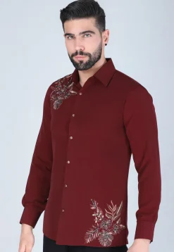 Hand Embroidered Polyester Shirt in Maroon