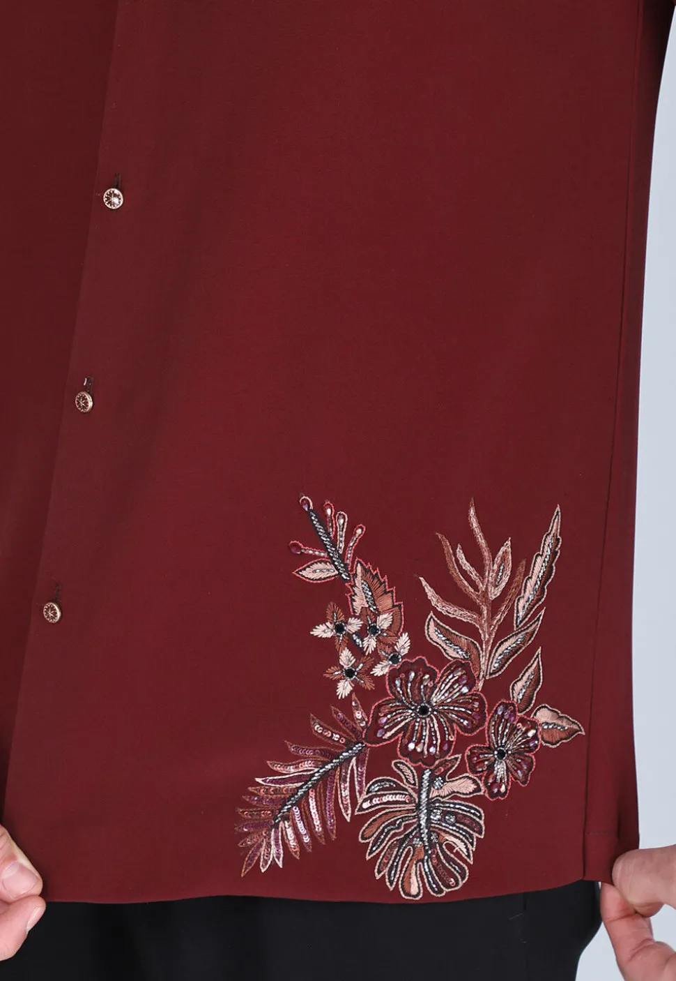 Hand Embroidered Polyester Shirt in Maroon