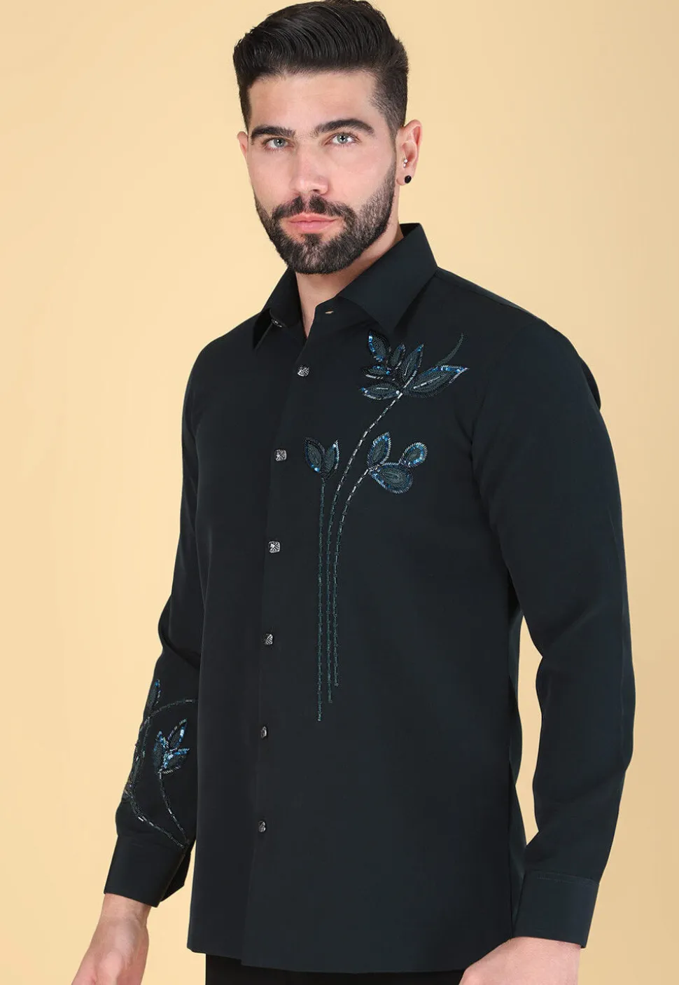 Hand Embroidered Polyester Shirt in Dark Green