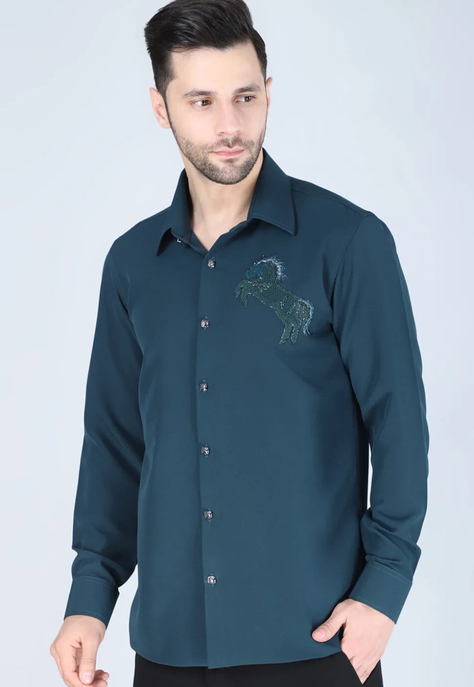 Hand Embroidered Polyester Shirt in Teal Blue