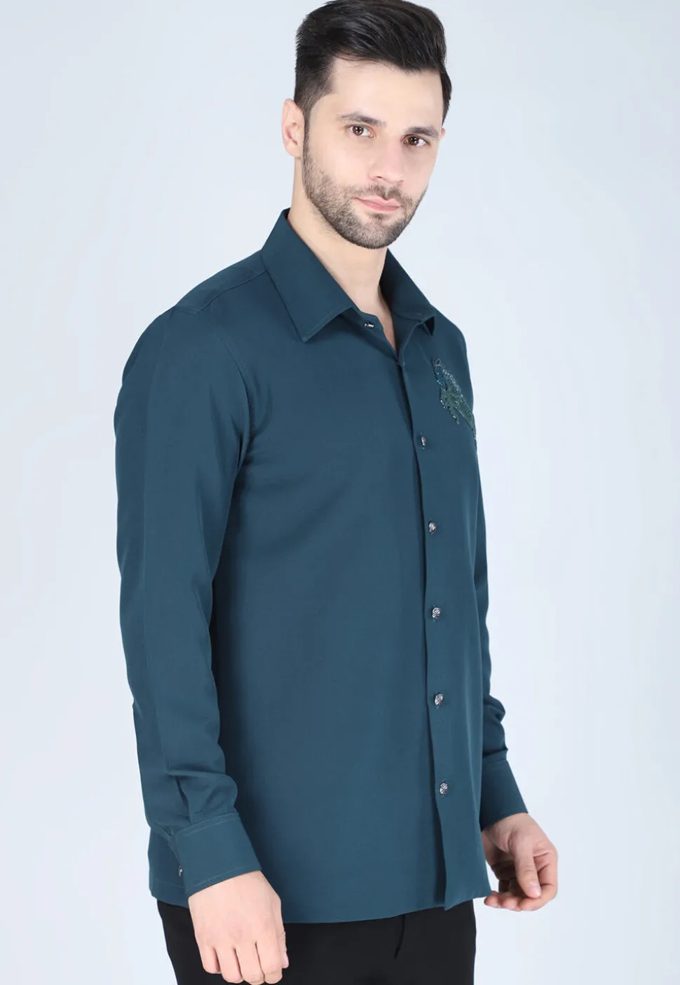 Hand Embroidered Polyester Shirt in Teal Blue