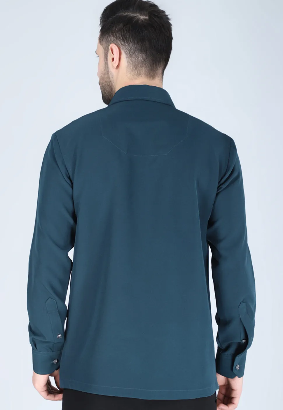 Hand Embroidered Polyester Shirt in Teal Blue