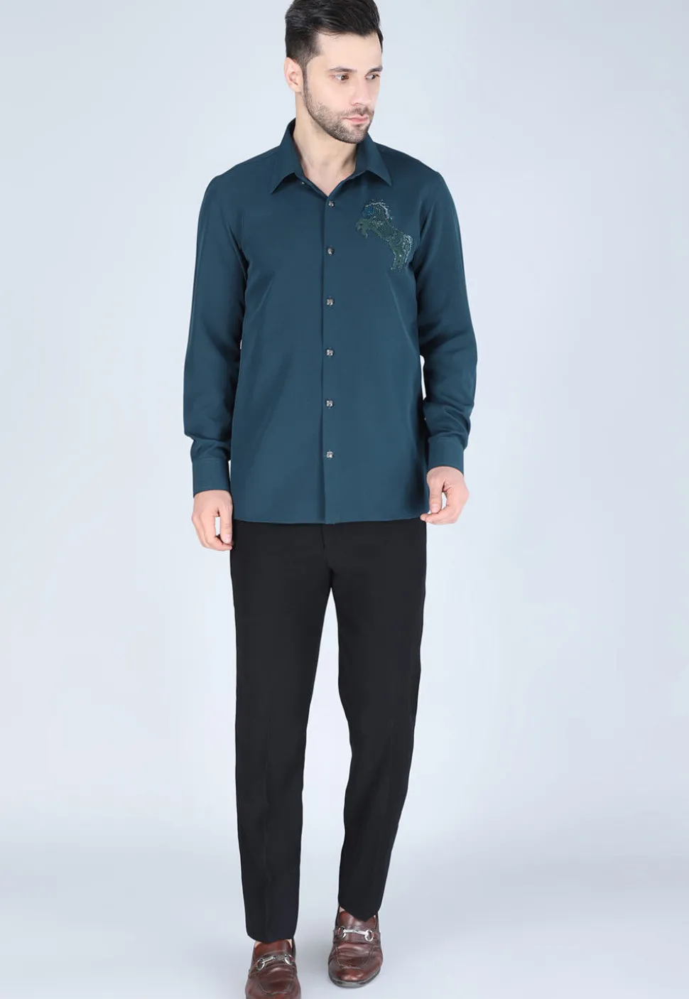 Hand Embroidered Polyester Shirt in Teal Blue