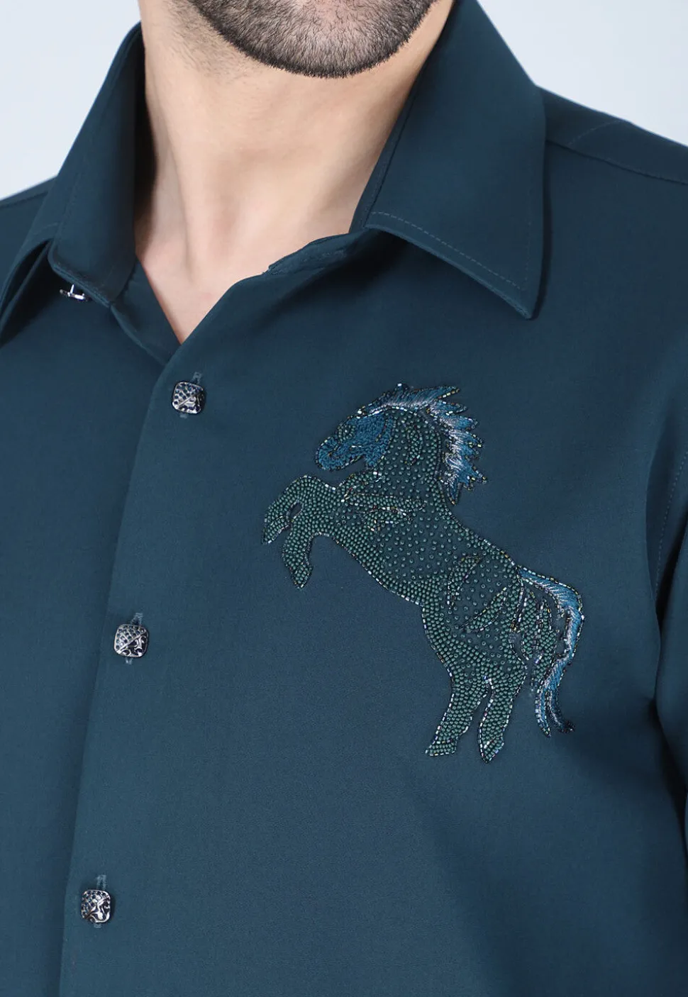 Hand Embroidered Polyester Shirt in Teal Blue