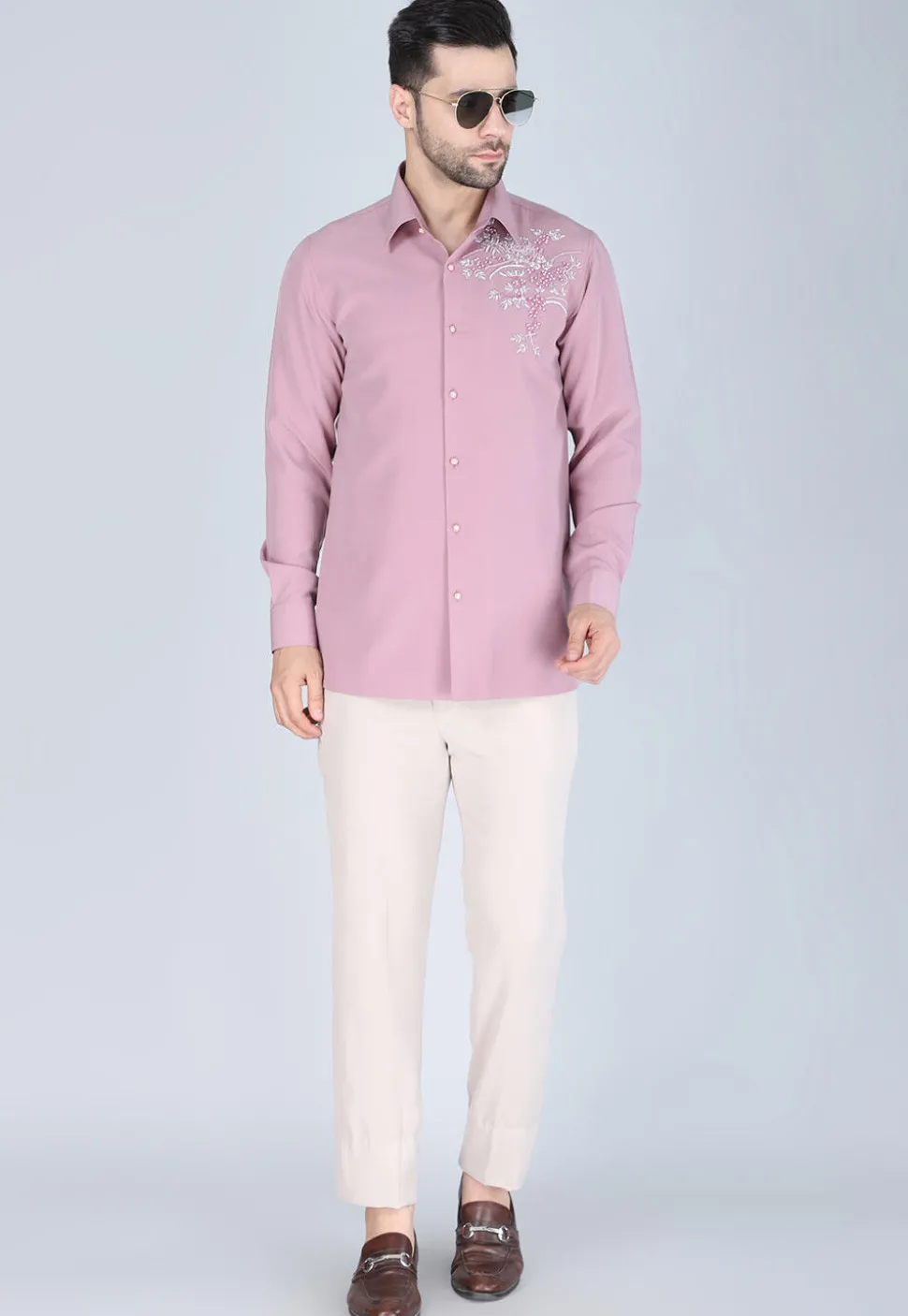 Hand Embroidered Polyester Shirt in Pink