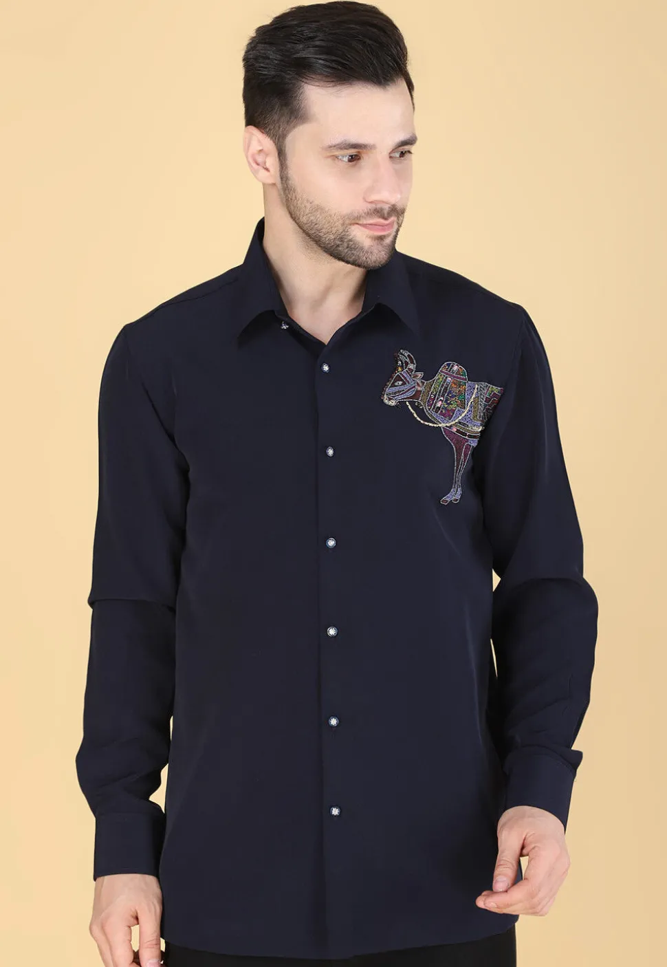 Hand Embroidered Polyester Shirt in Navy Blue