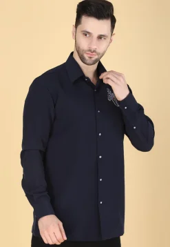 Hand Embroidered Polyester Shirt in Navy Blue