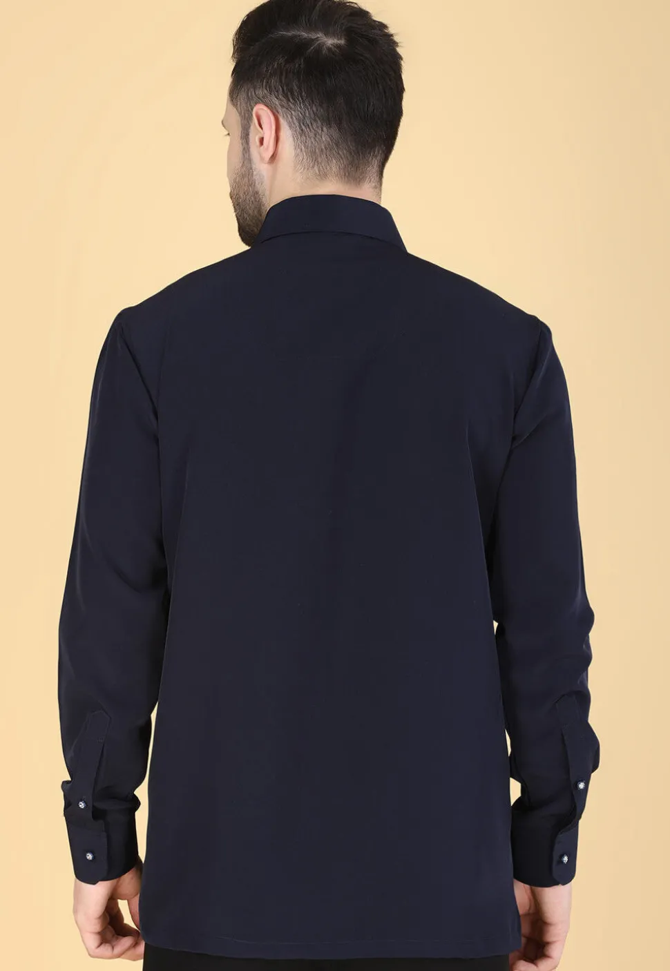 Hand Embroidered Polyester Shirt in Navy Blue
