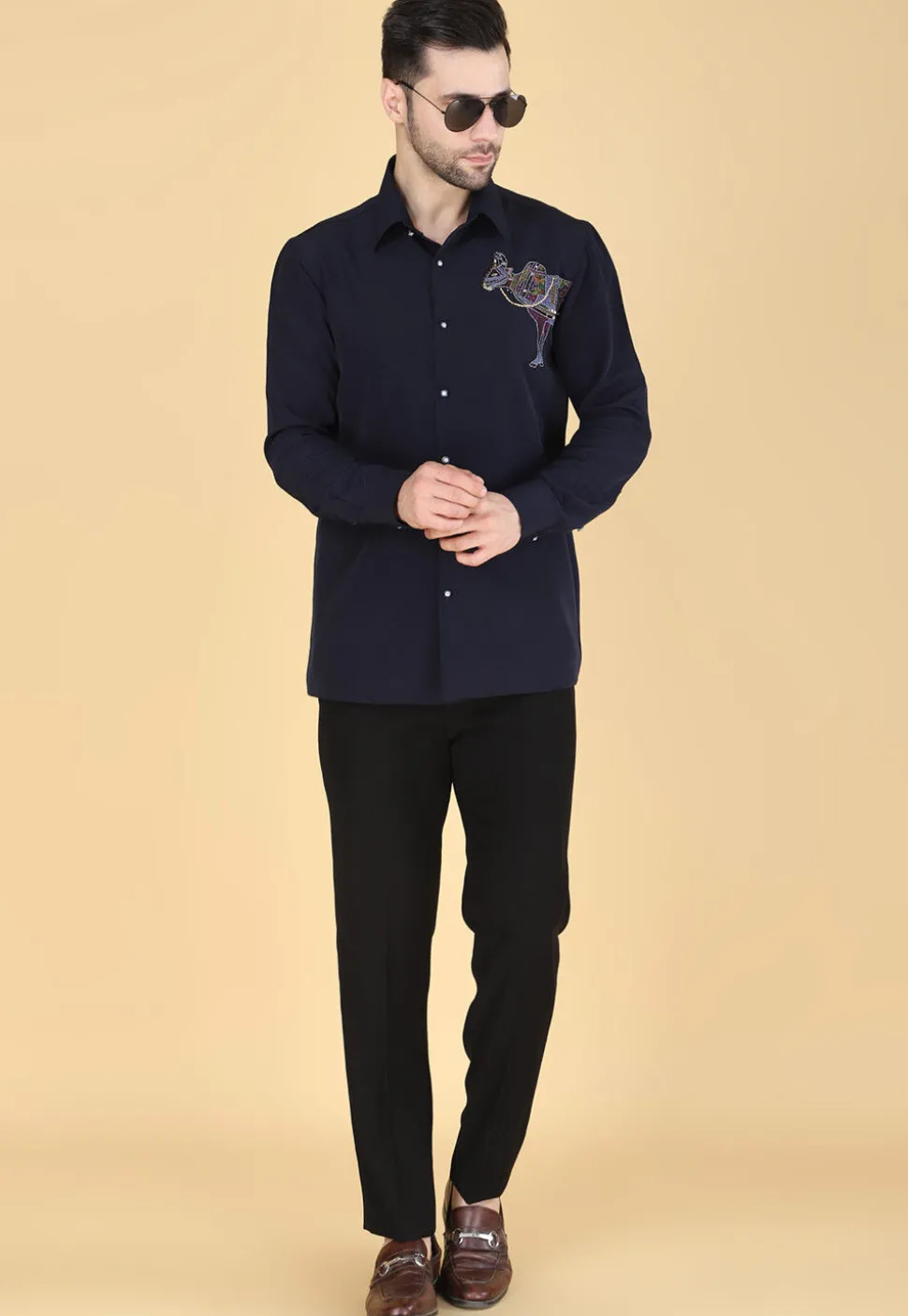Hand Embroidered Polyester Shirt in Navy Blue