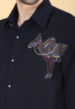 Hand Embroidered Polyester Shirt in Navy Blue