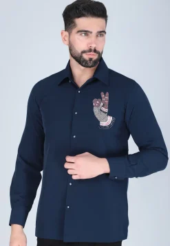 Hand Embroidered Polyester Shirt in Navy Blue